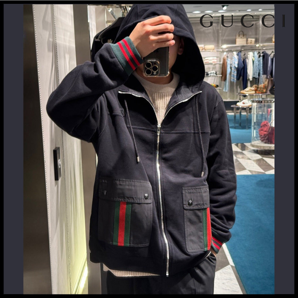 【GUCCI】Web Pocket Felted Cotton Jersey Hooded Jacket Black