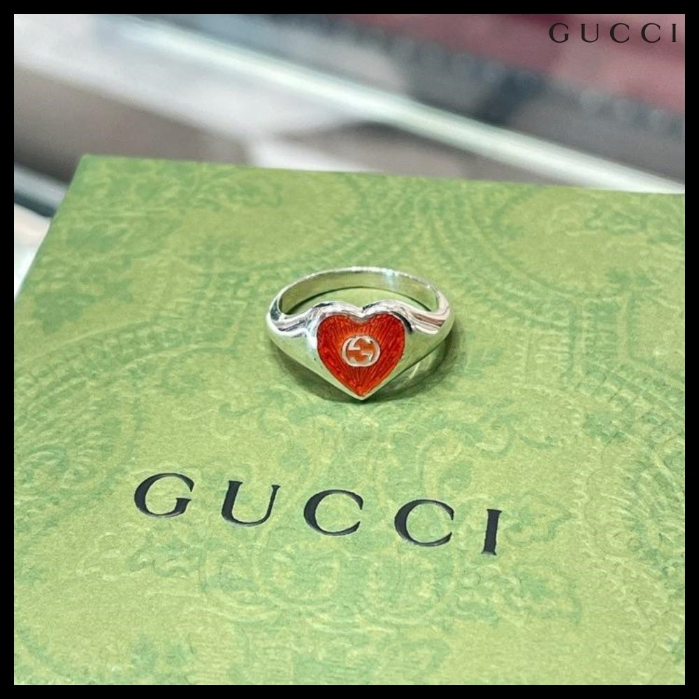【GUCCI】Interlocking G Enamel Heart Ring Silver Red