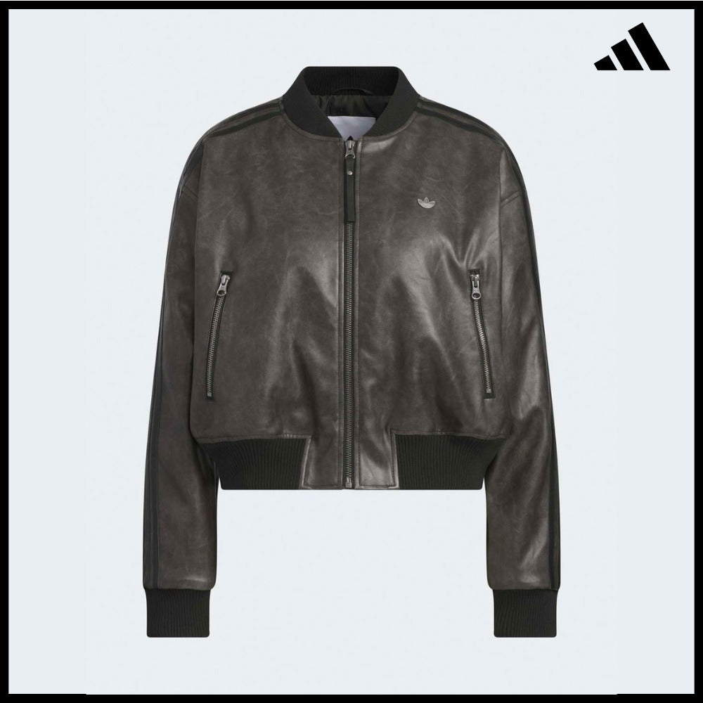 【ADIDAS】Crop Black Leather Jacket Moto Style Jacket