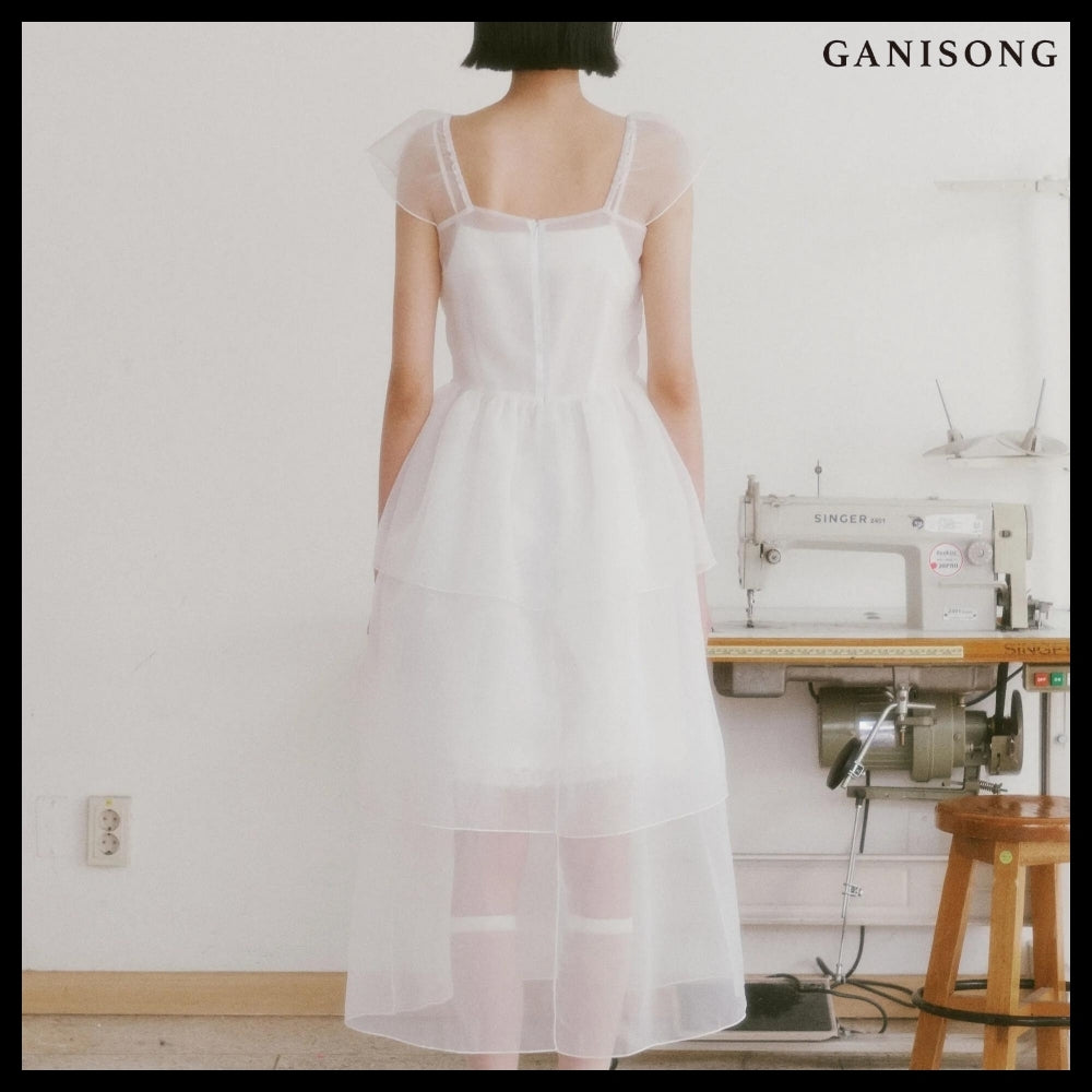 【GANISONG】Bridal Peony Tiered Dress White