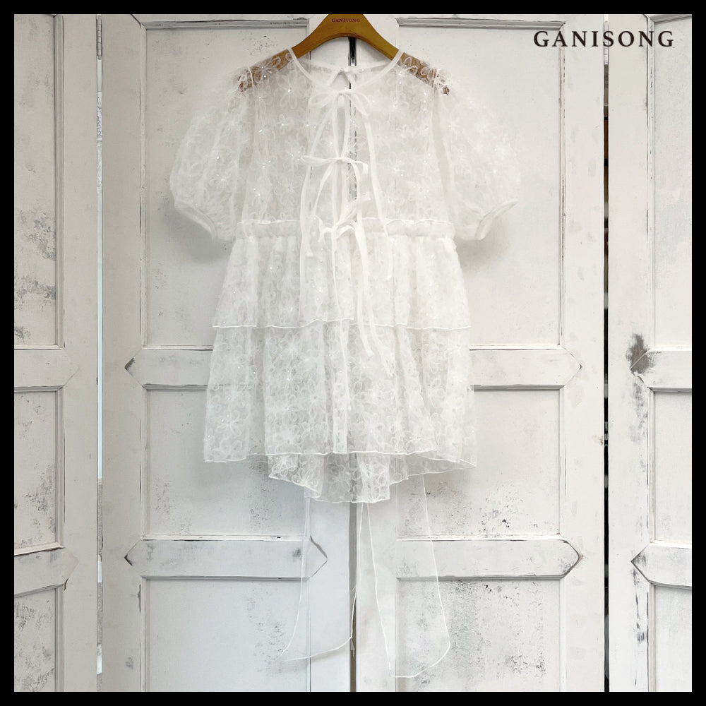 【GANISONG】Bridal Meringue Flower Dress White