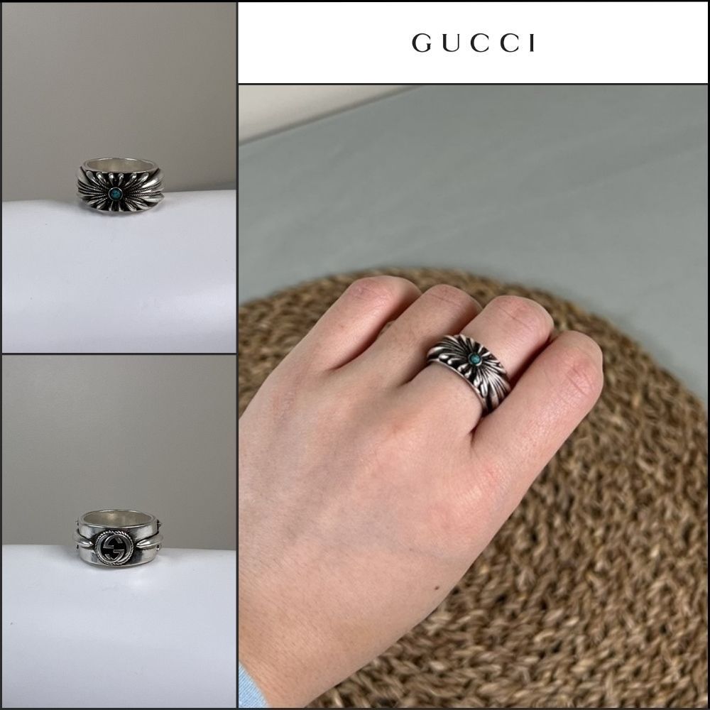 【GUCCI】Interlocking G Engraved Flower Sterling Ring Silver
