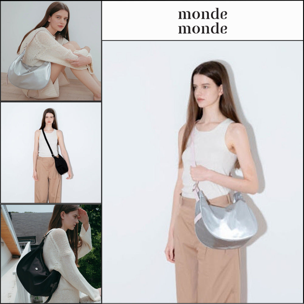 【monde monde】Classic Button Half Moon Nylon Bag (2 Colors)