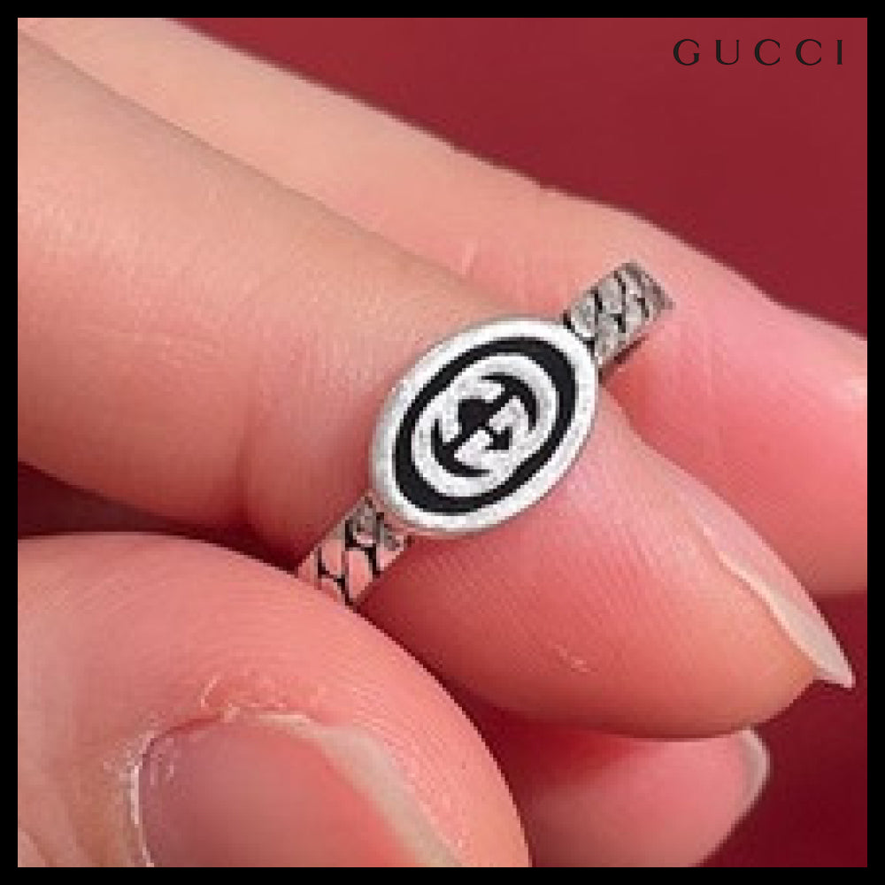 【GUCCI】Interlocking G Enamel Chain Ring Black