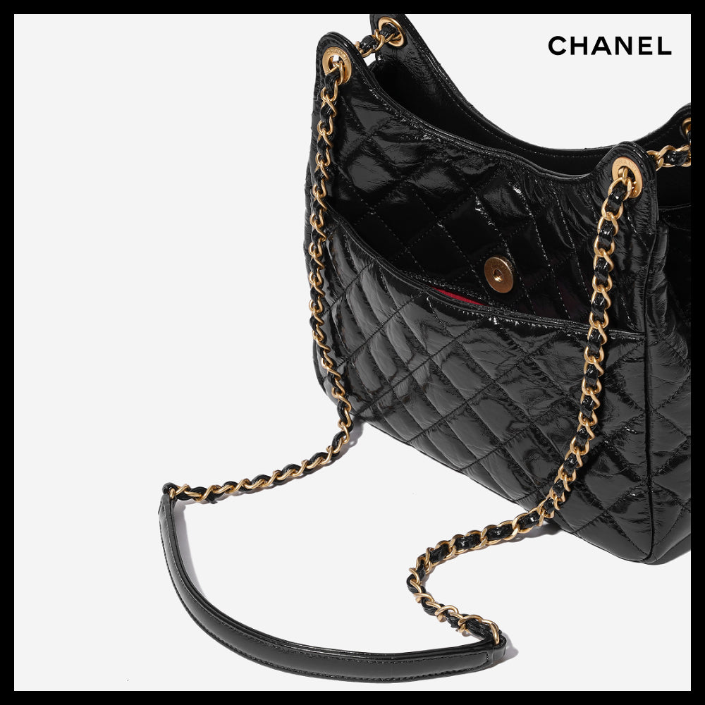 【CHANEL】Hobo Handbag Shiny Crumpled Calfskin & Gold Black