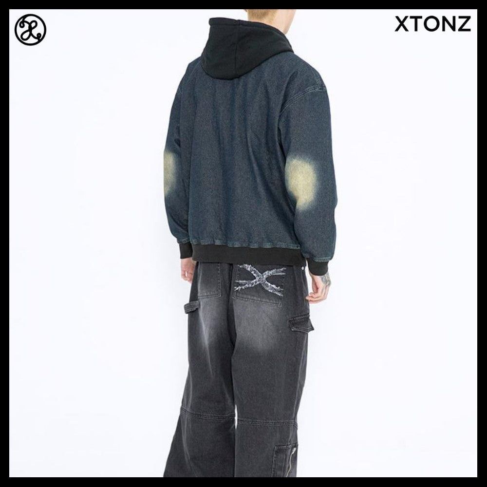 【XTONZ】VINTAGE WASHING STAR DENIM HOODED ZIP-UP 2COLORS