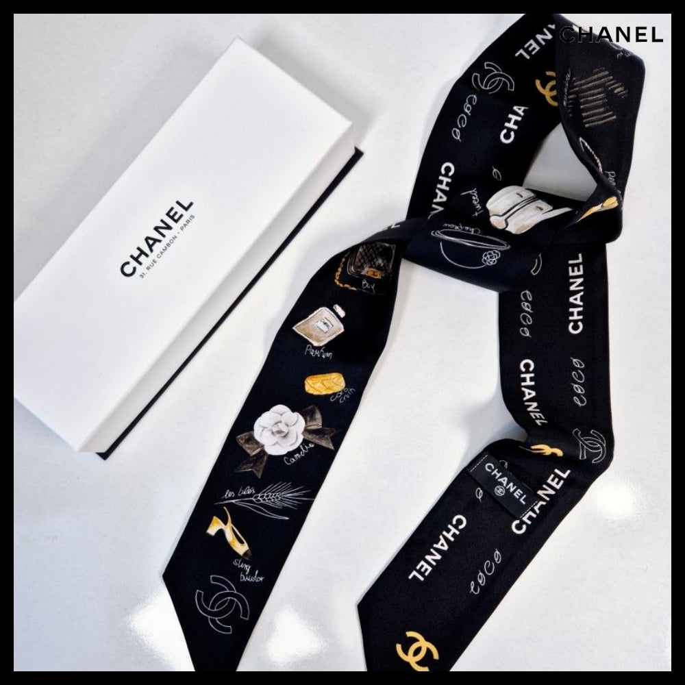 【CHANEL】24P CC Logo Signature Printed Silk Twilly Bandeau