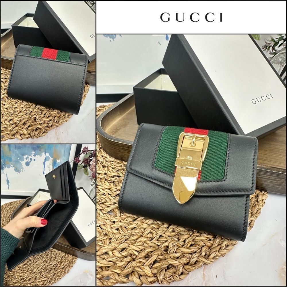 【GUCCI】Sylvie Web Leather Coin Pocket Wallet Black