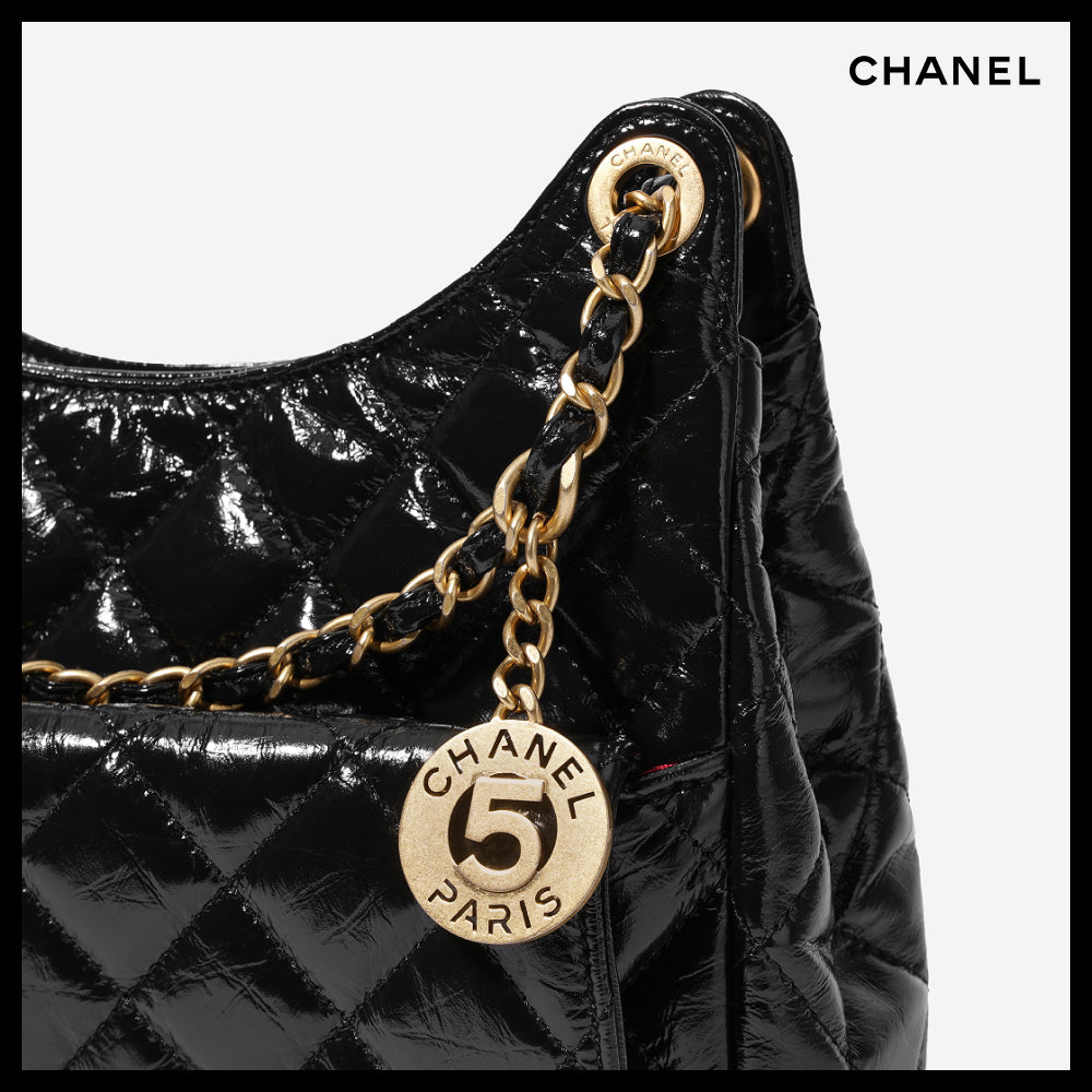 【CHANEL】Hobo Handbag Shiny Crumpled Calfskin & Gold Black
