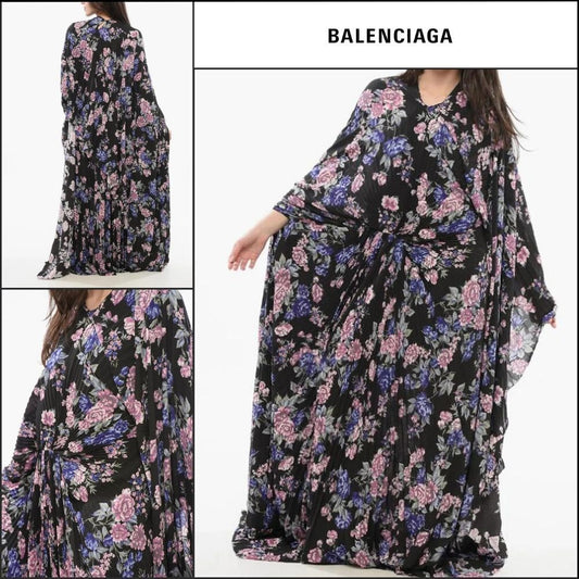 【BALENCIAGA】Black Floral Circle Pleated Dress