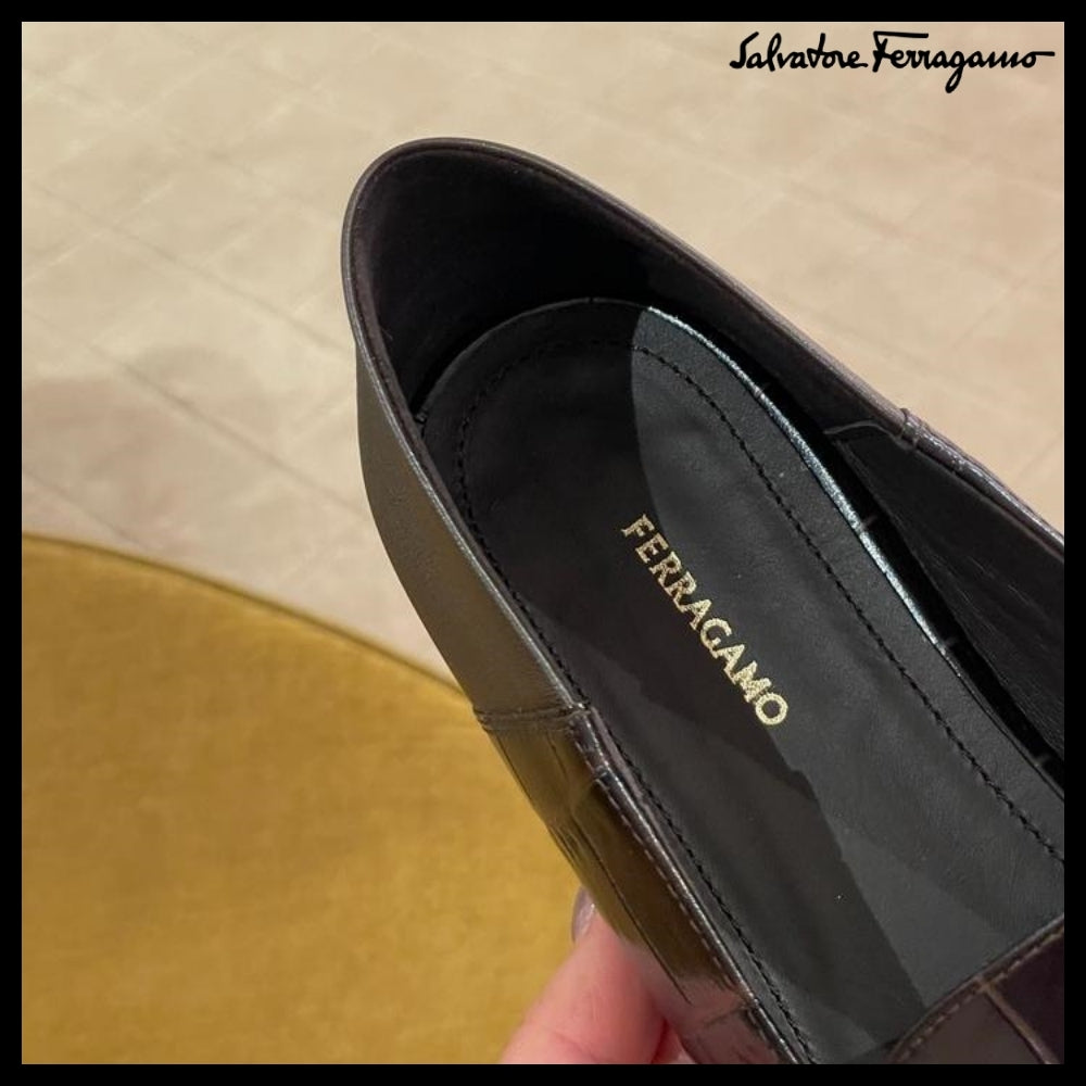 【FERRAGAMO】LOUIS GANCINI CROC PATTERN LOAFERS DARK BROWN