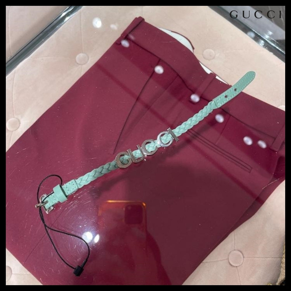 【GUCCI】Silver Metal Logo Leather Buckle Bracelet MintGreen