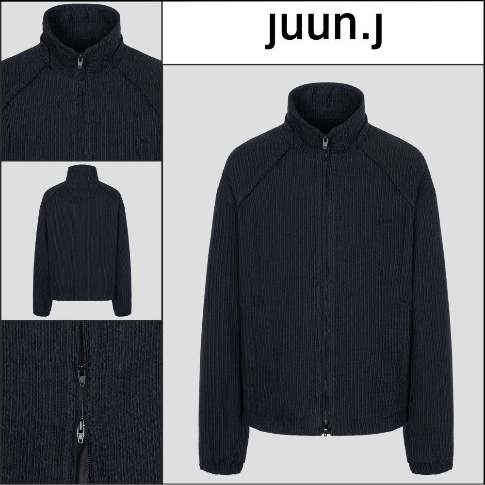 【JUUN.J】Blended Cotton Stripe High Neck Zip-Up Navy