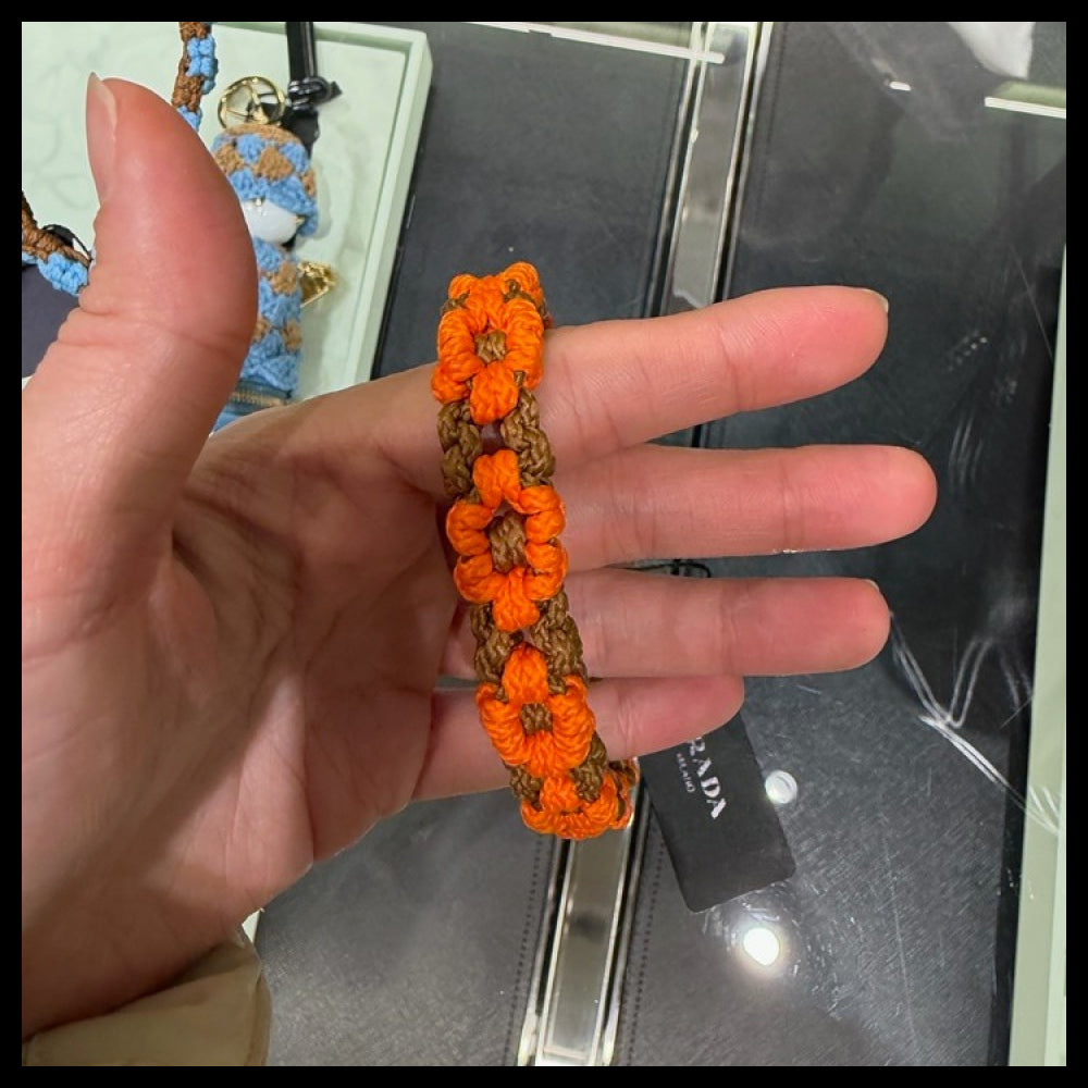 【Prada】Triangle Logo Crochet Flower Strap Keyring Orange