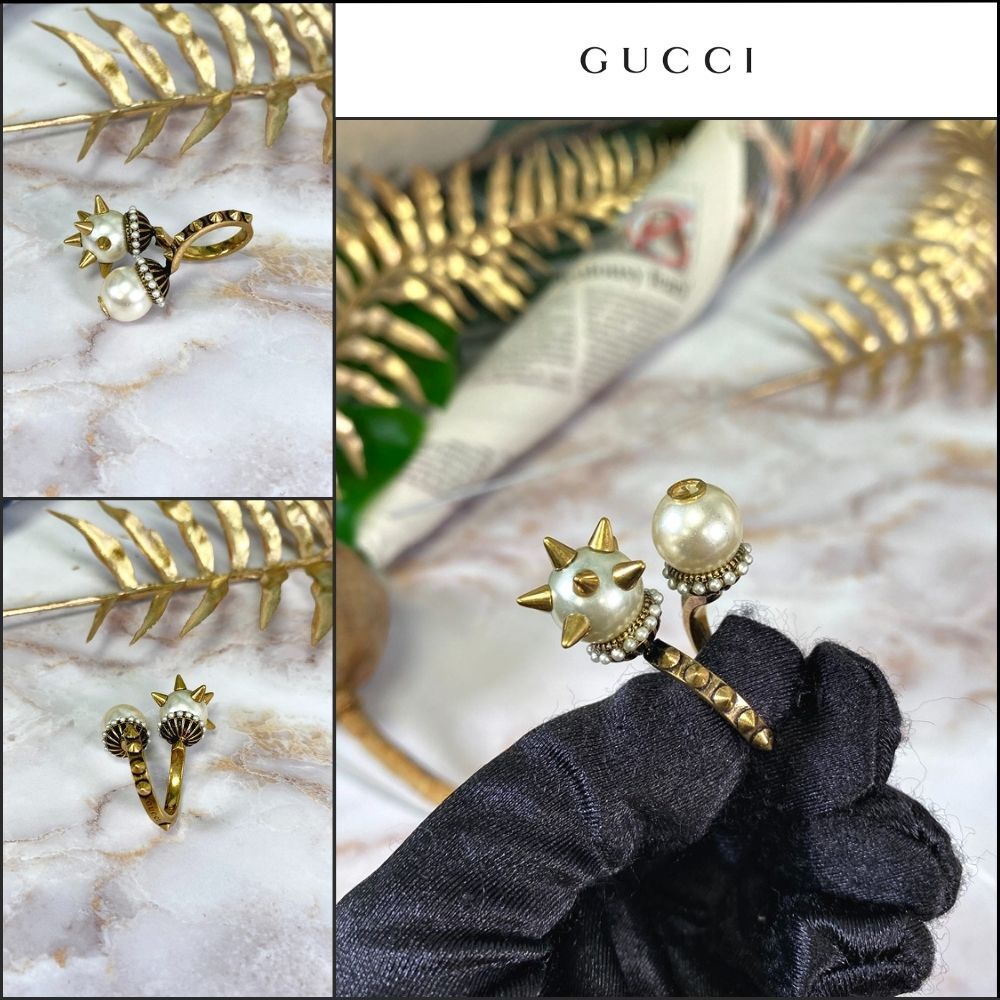 【GUCCI】Double Glass Pearl Stud Ring White Gold