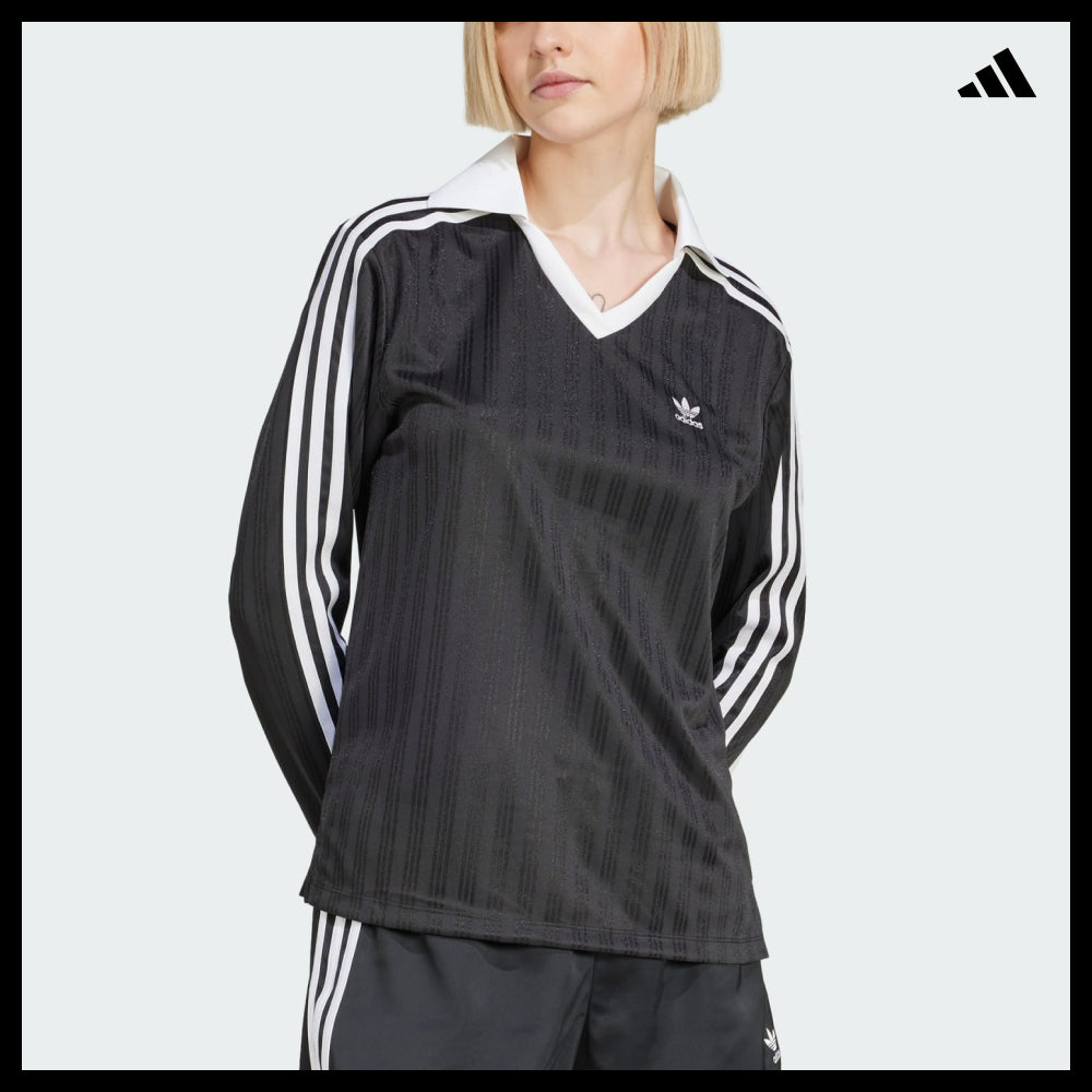 【ADIDAS】Football Jacquard V-Neck Long Sleeve Polo Black