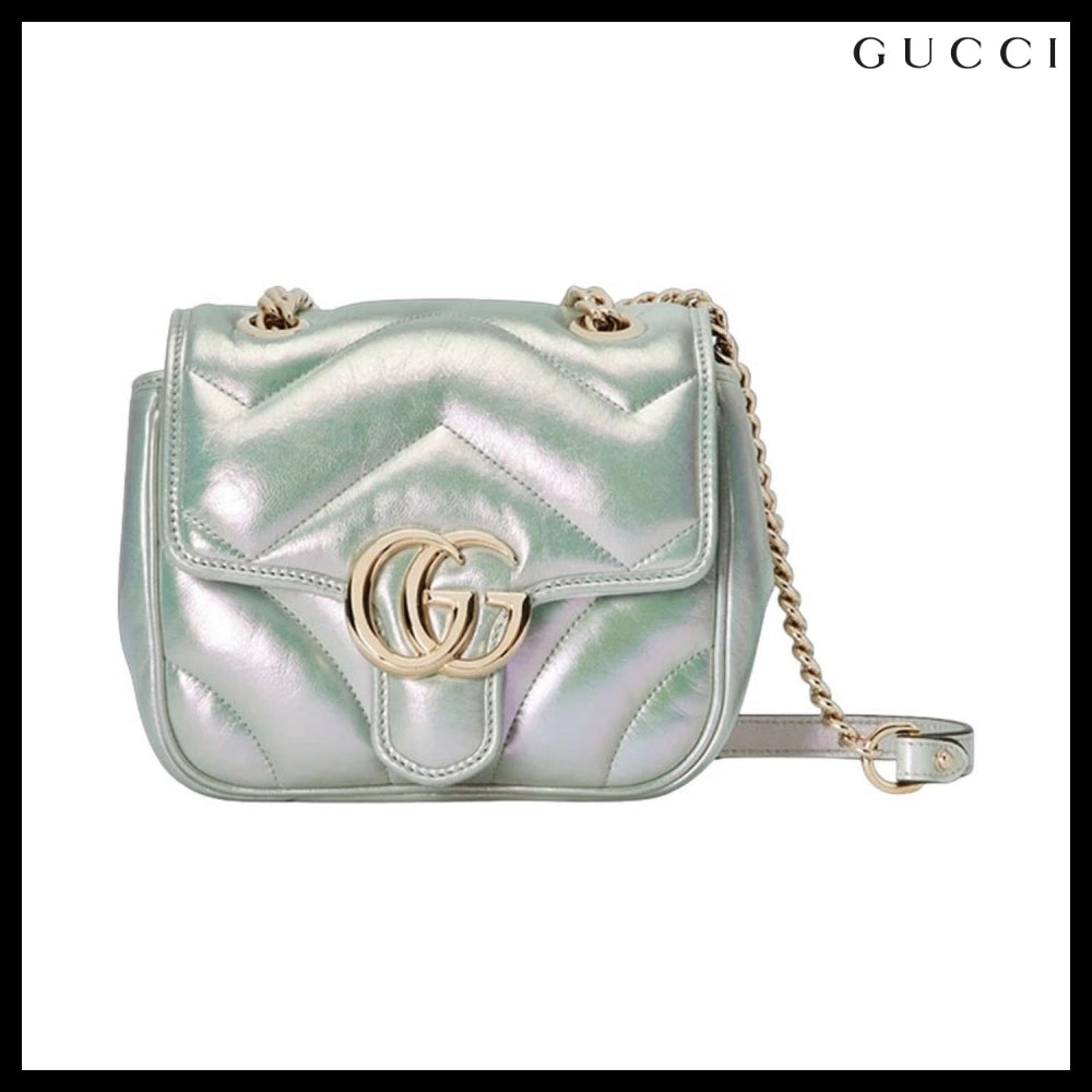 【GUCCI】GGMarmont2ChevronQuiltedNappaFlapBagIrideSalvyGreen