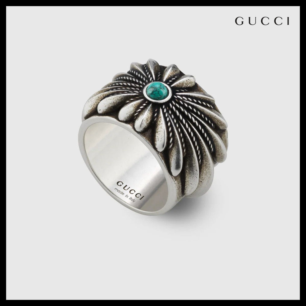 【GUCCI】Interlocking G Engraved Flower Sterling Wide Ring