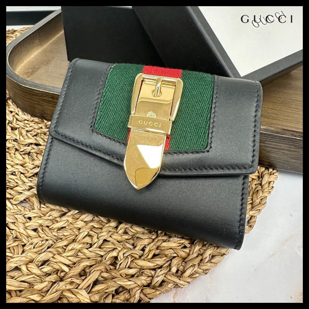 【GUCCI】Sylvie Web Leather Coin Pocket Wallet Black