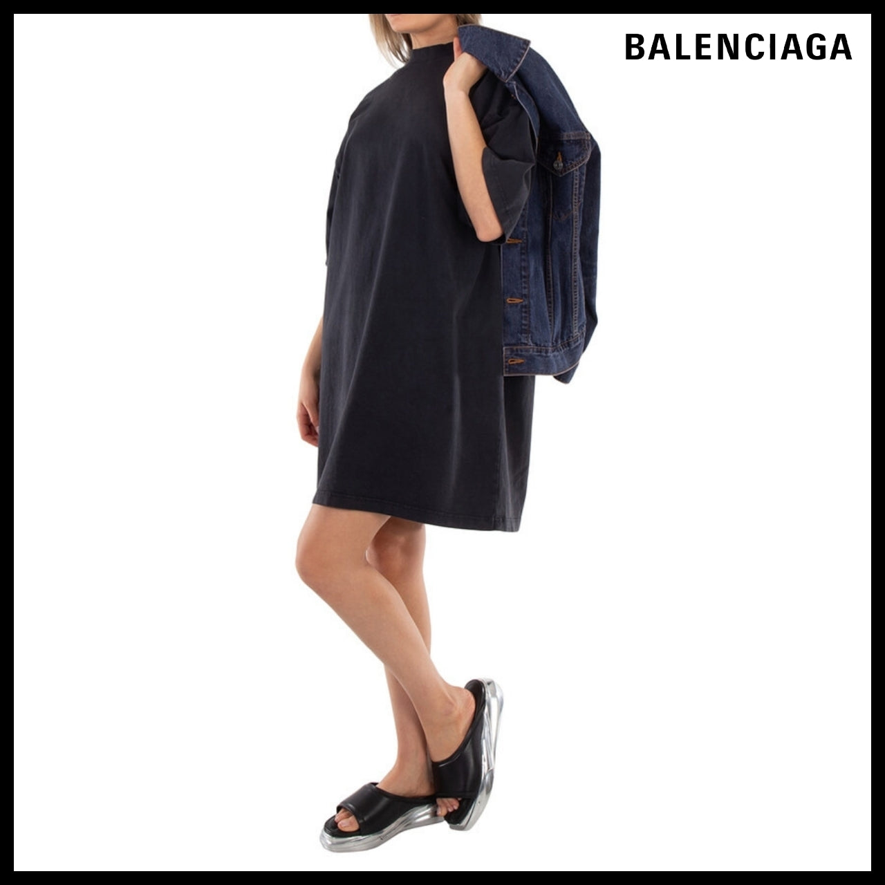 【BALENCIAGA】Ladies Logo-Print Cotton T-Shirt Dress Black