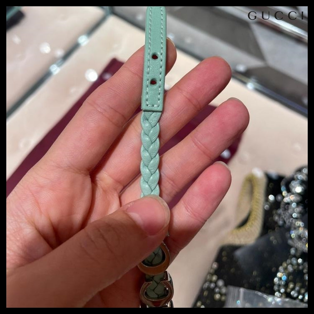 【GUCCI】Silver Metal Logo Leather Buckle Bracelet MintGreen