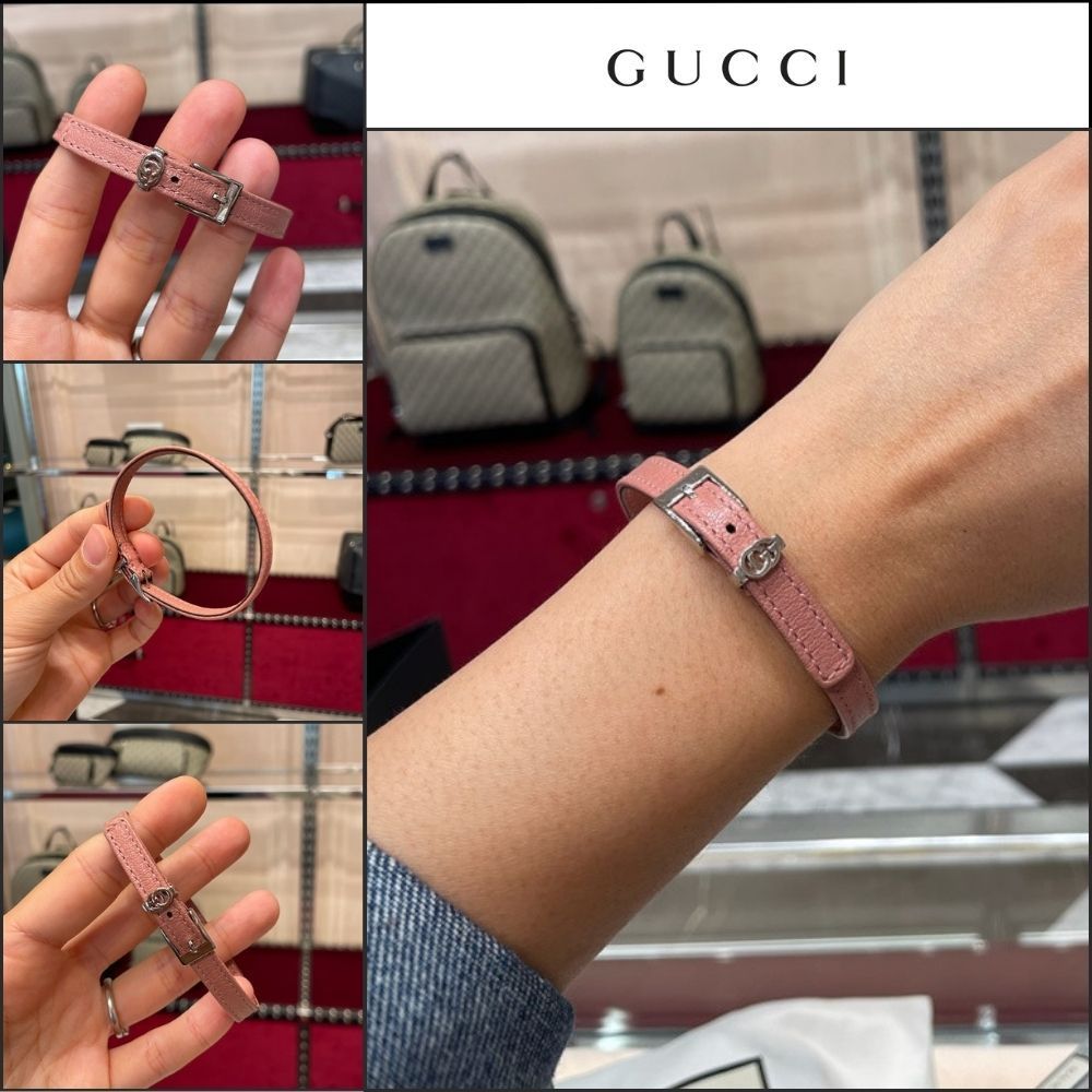 【GUCCI】 ダブル G レザー バックル ブレスレット PINK SILVER