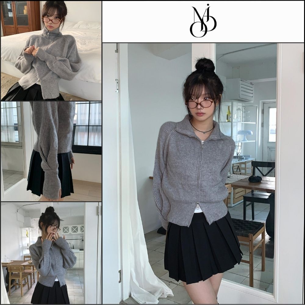【MODIMOOD】Turtleneck Two-Way Pintuck Sleeve Knit Zip-Up