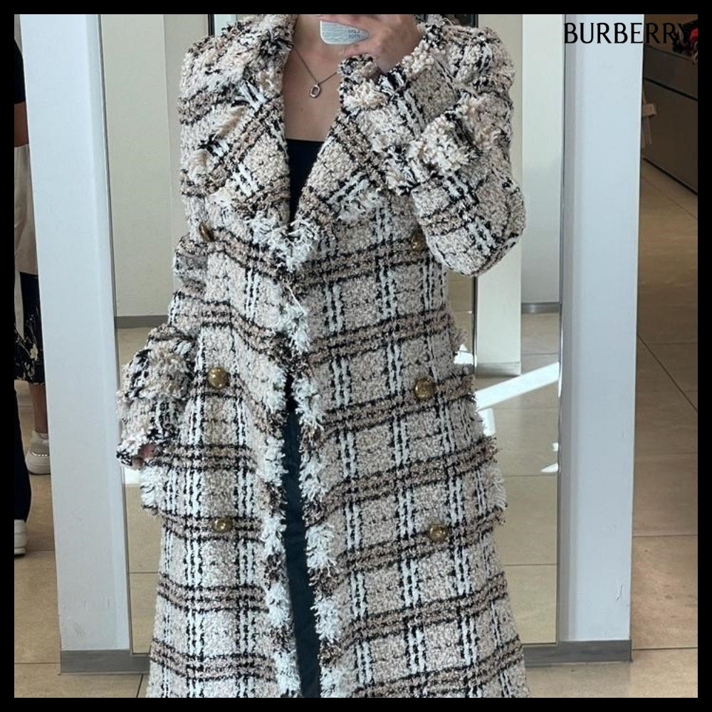 【Burberry】Check Boucle Belted Long Coat String Fossil