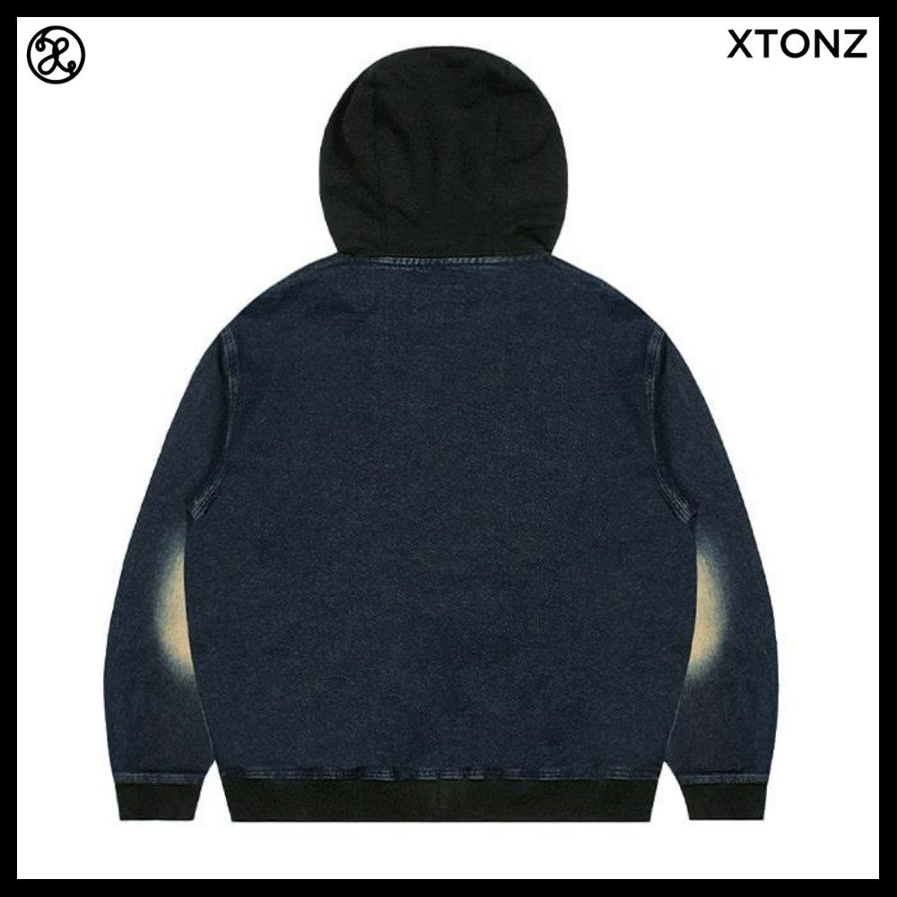 【XTONZ】VINTAGE WASHING STAR DENIM HOODED ZIP-UP 2COLORS