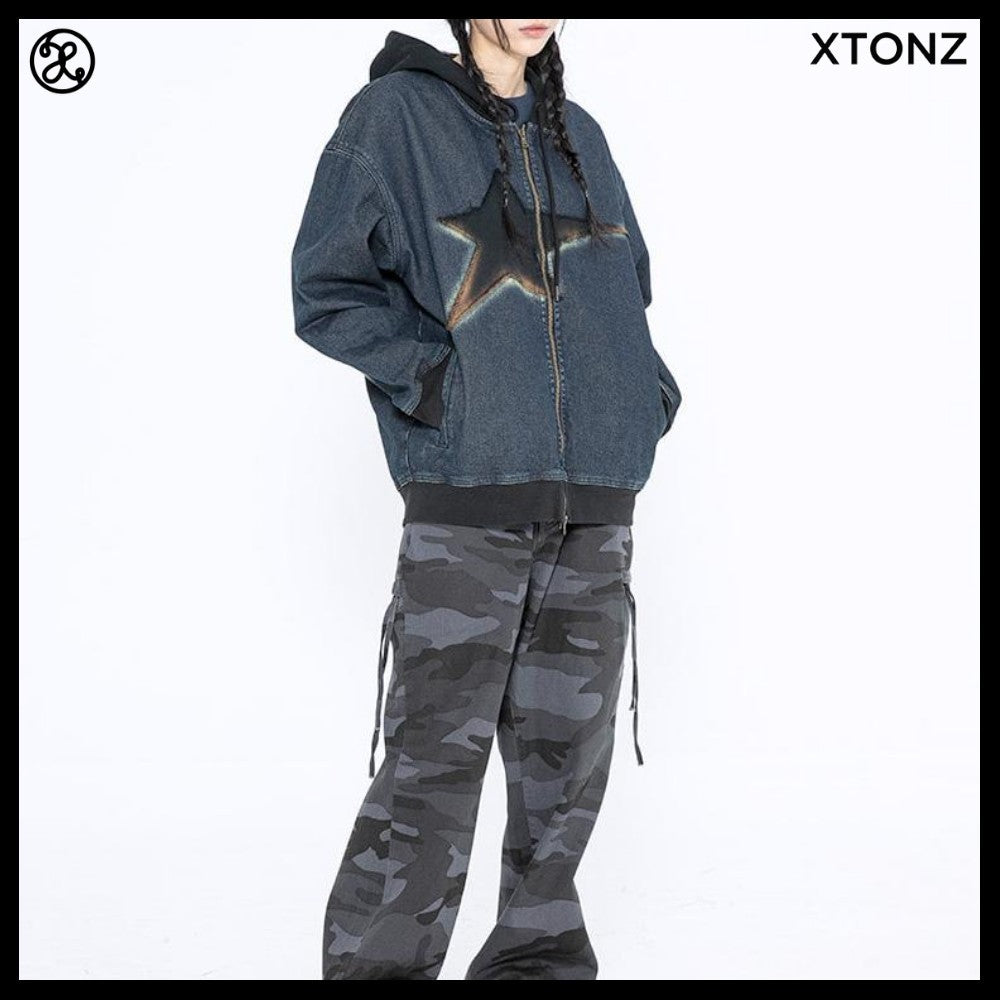 【XTONZ】VINTAGE WASHING STAR DENIM HOODED ZIP-UP 2COLORS