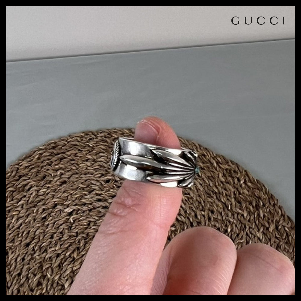 【GUCCI】Interlocking G Engraved Flower Sterling Ring Silver