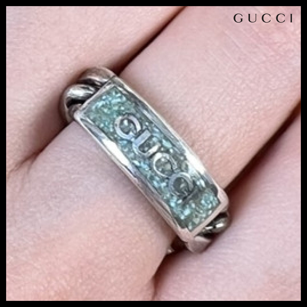 【GUCCI】Logo Enamel Sterling Silver Chain Ring Howlite
