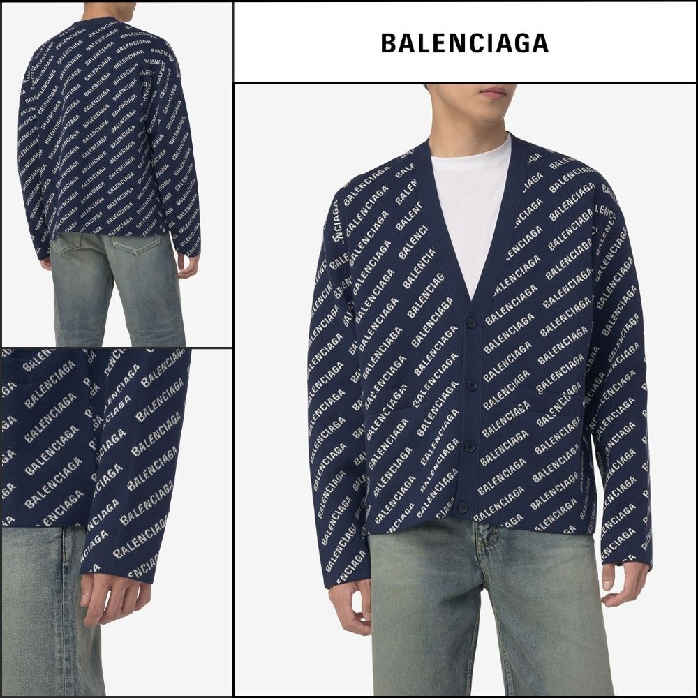 【BALENCIAGA】All-Over Logo Cotton Cardigan Blue