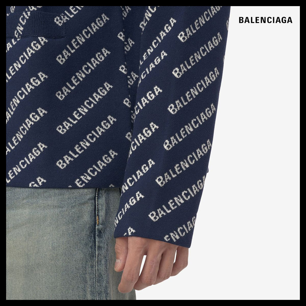 【BALENCIAGA】All-Over Logo Cotton Cardigan Blue