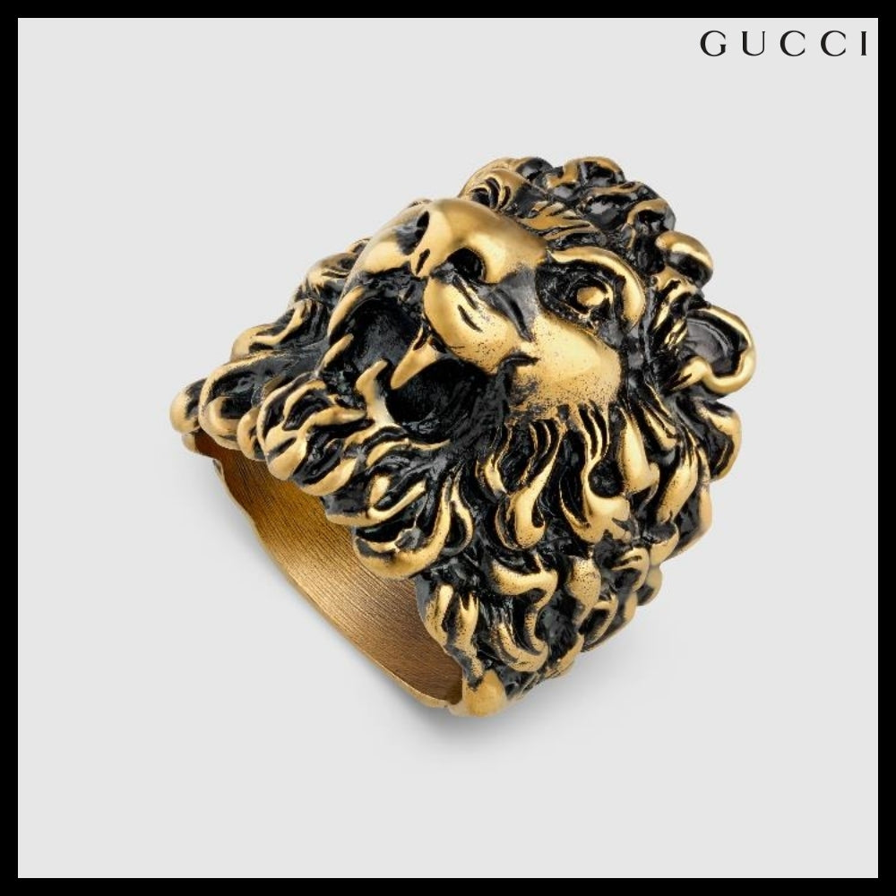 【GUCCI】Lion Head Metal Wide Ring Gold