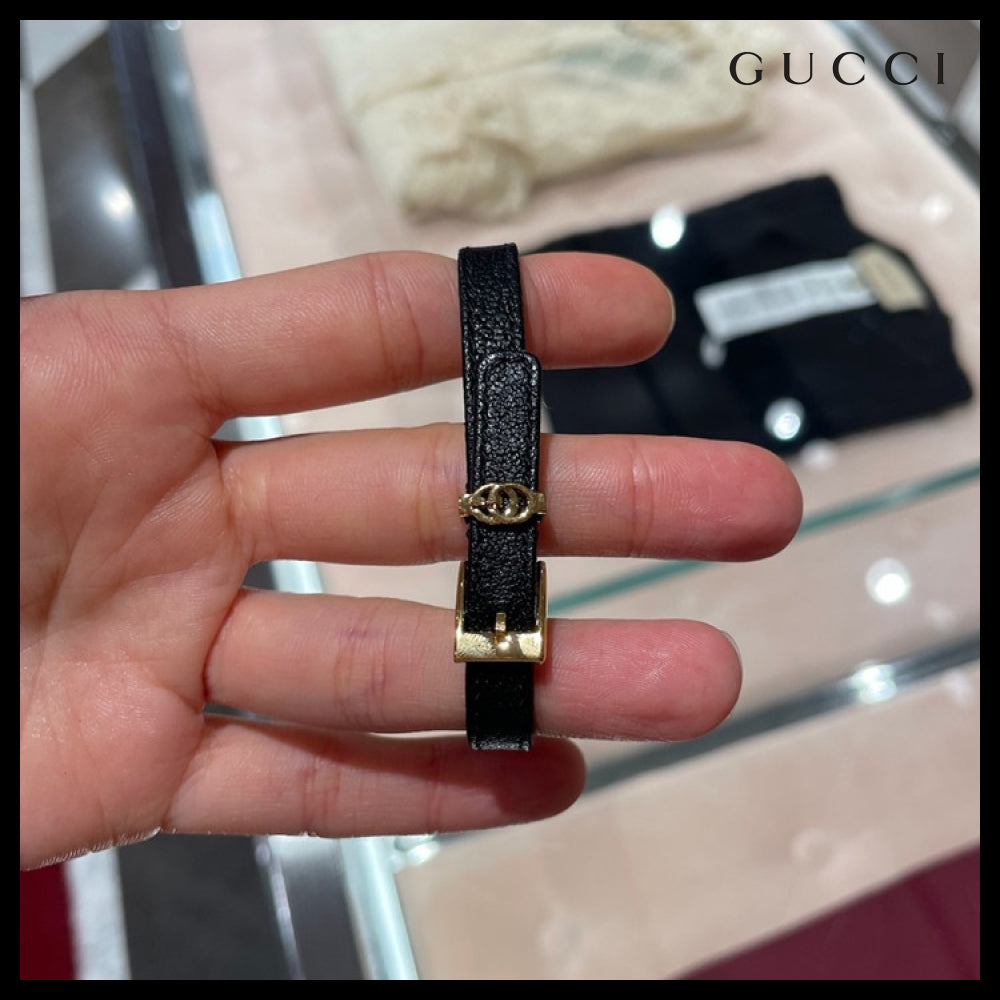 【GUCCI】 ダブル G レザー バックル ブレスレット BLACK GOLD