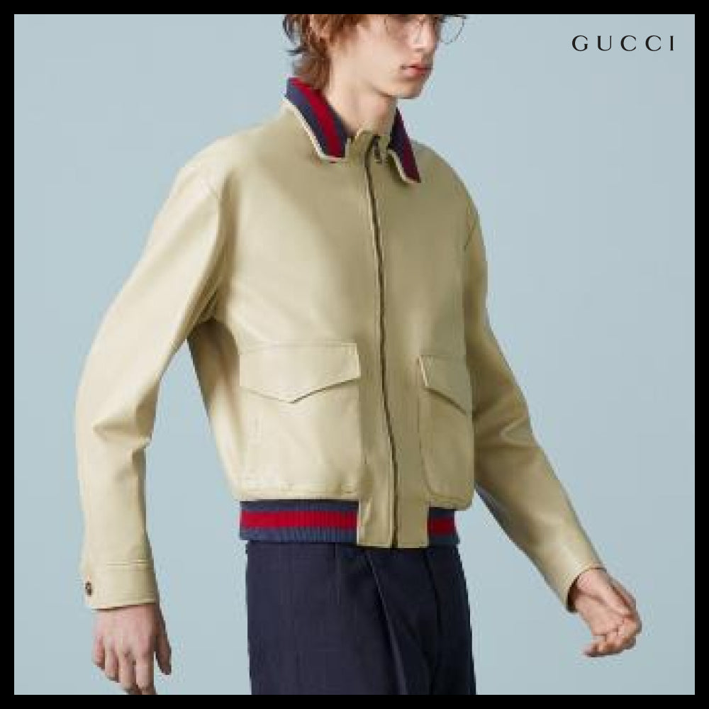 【GUCCI】Leather Bomber Jacket Beige
