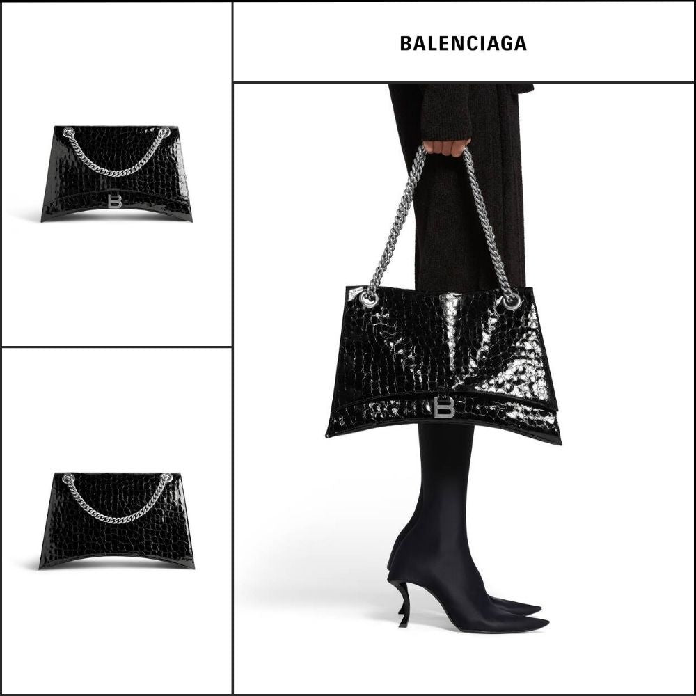 【BALENCIAGA】Crush Large Chain Bag Crocodile Embossed Black