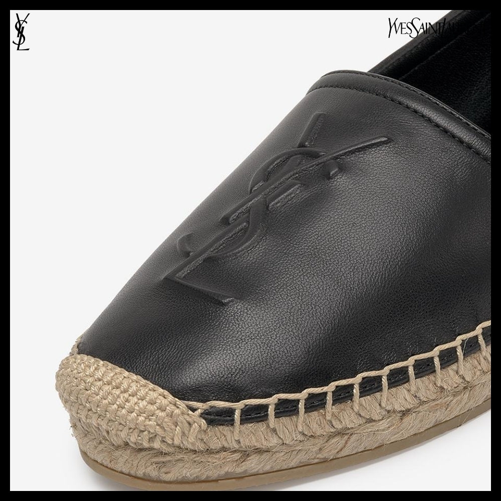 【Saint Laurent】Embossed Monogram Leather Espadrilles Black