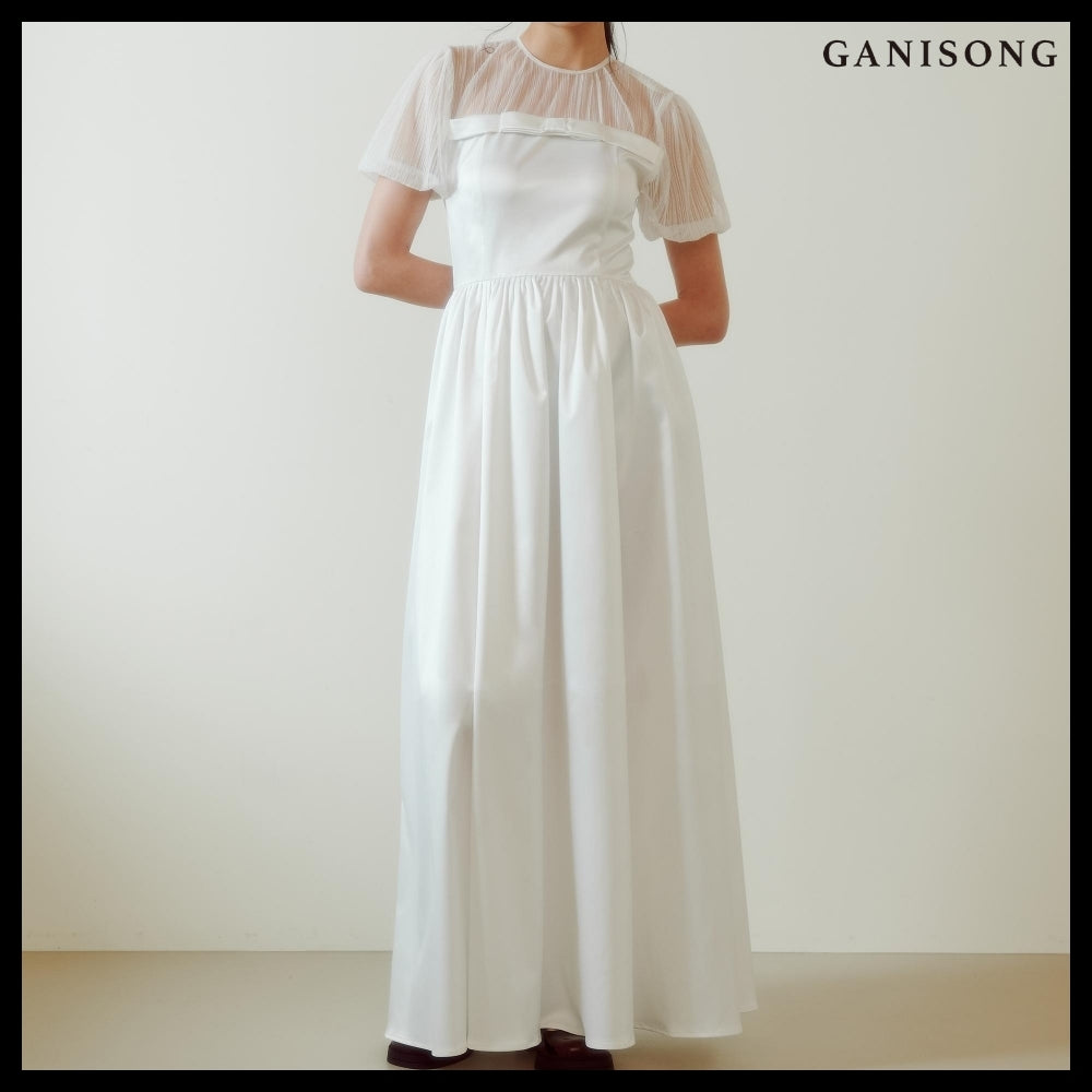 【GANISONG】Bridal Sheer Ribbon Line Dress White