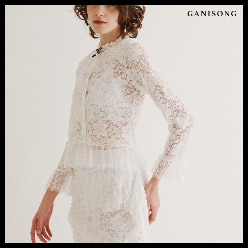 【GANISONG】Bridal Diagonal Lace Two-Piece Dress White