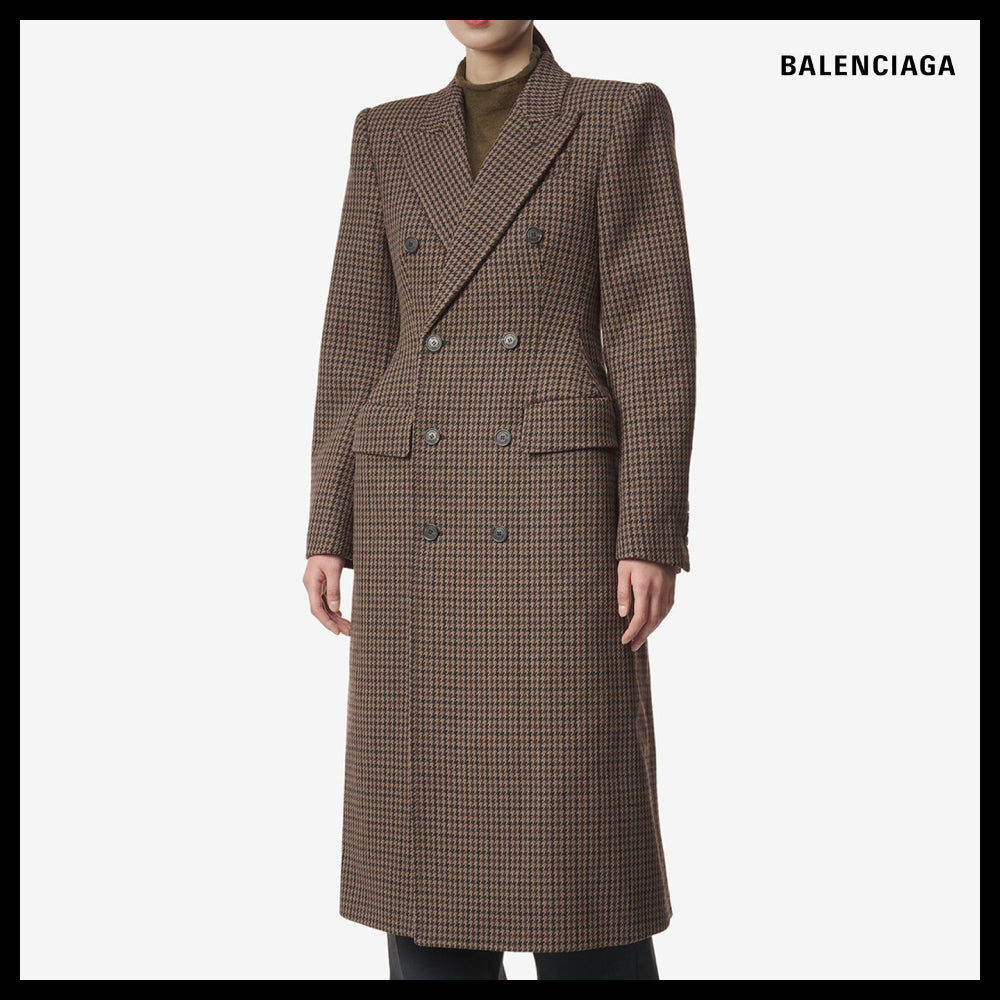 【BALENCIAGA】Hourglass Check Pattern Double-Breasted Coat