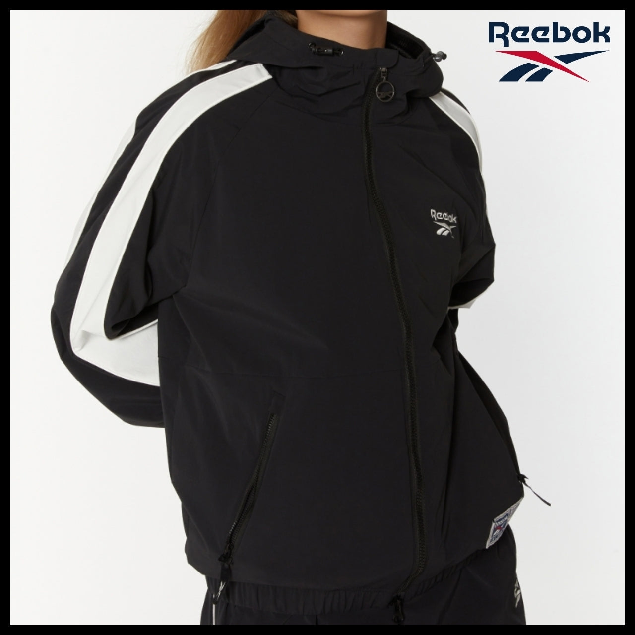 【Reebok】Stretch Hooded Windbreaker Jacket Black