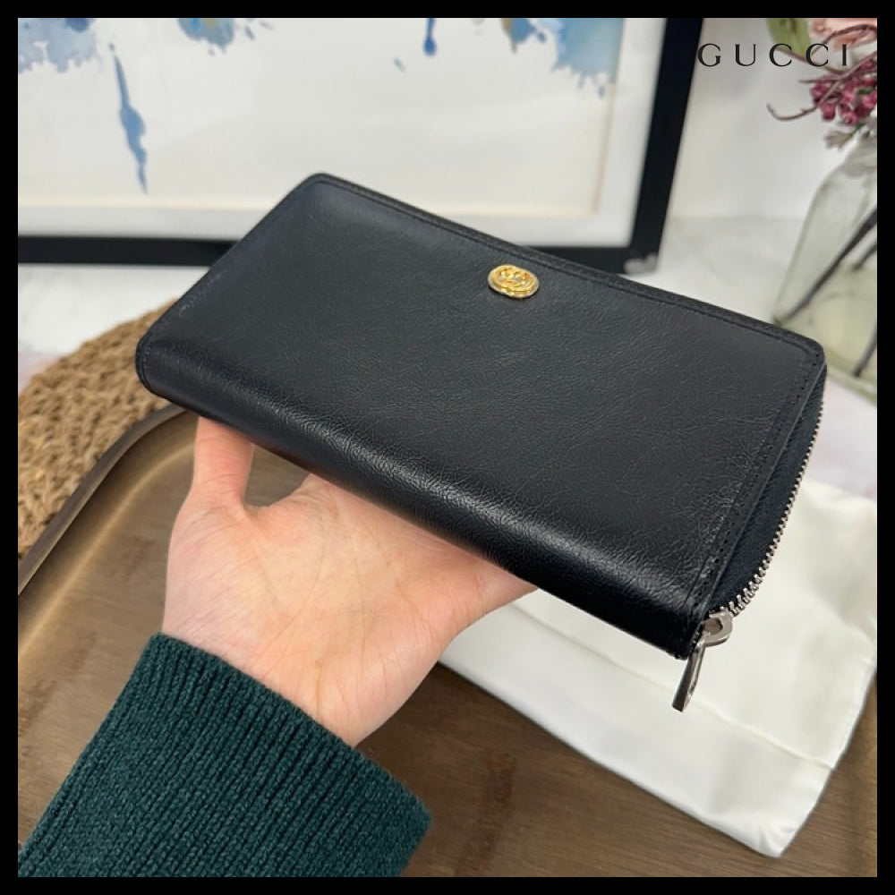 【GUCCI】Interlocking G Calf Leather Zip-Around Long Wallet