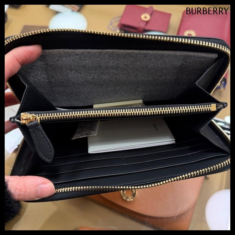 【Burberry】Logo Grained Leather Zip-Around Long Wallet
