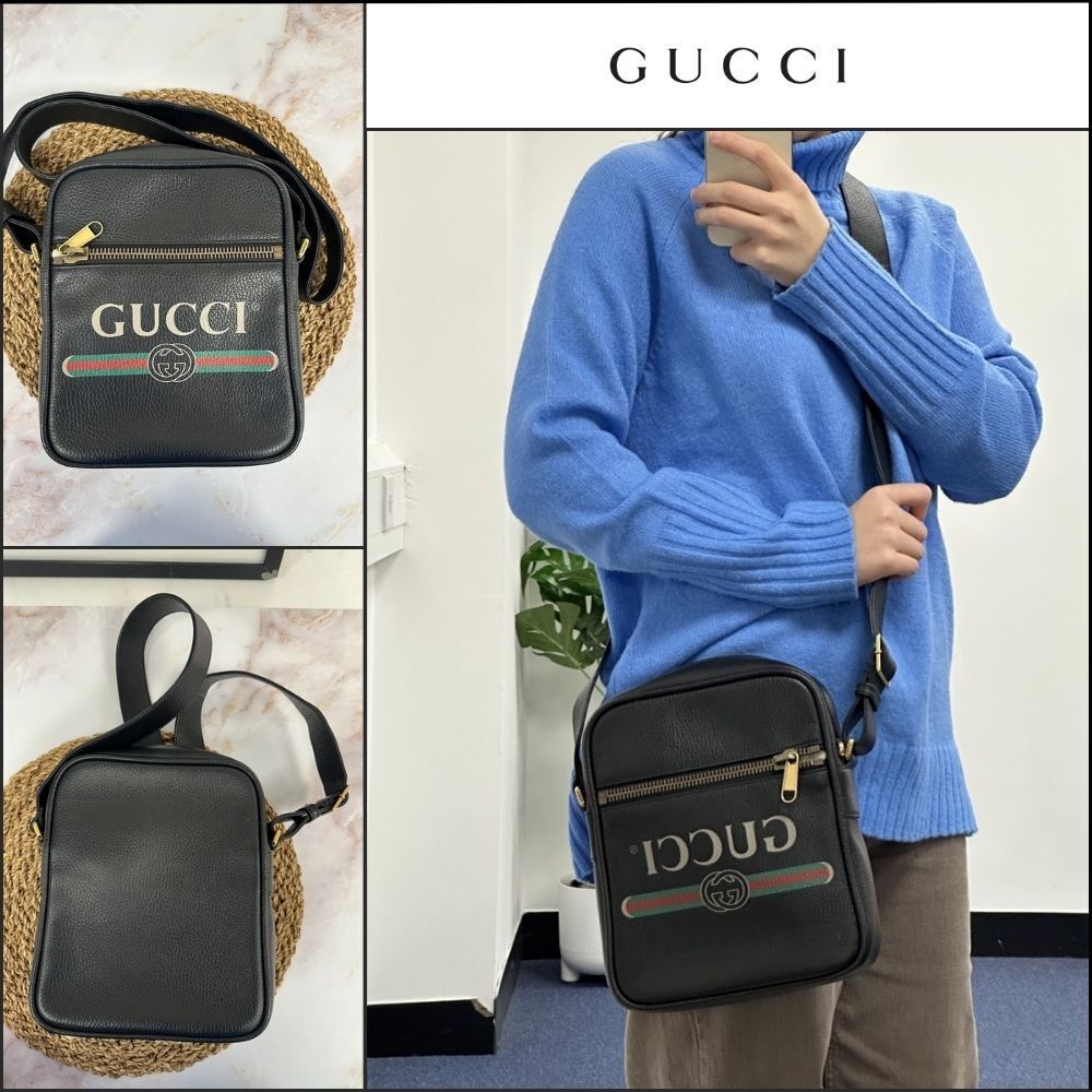 【GUCCI】Vintage Logo Print Leather Messenger Bag Black