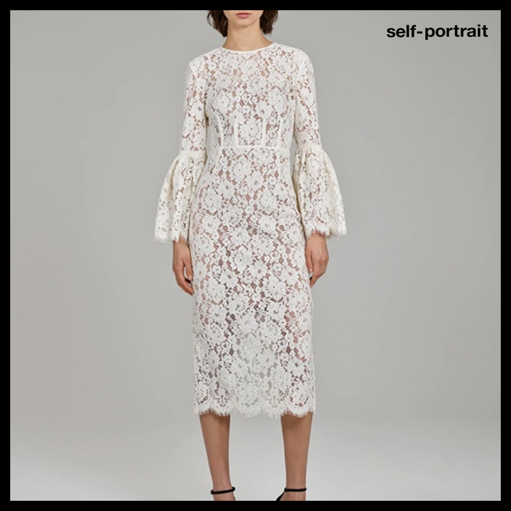 【SELF PORTRAIT】Ivory Cotton Lace Midi Dress