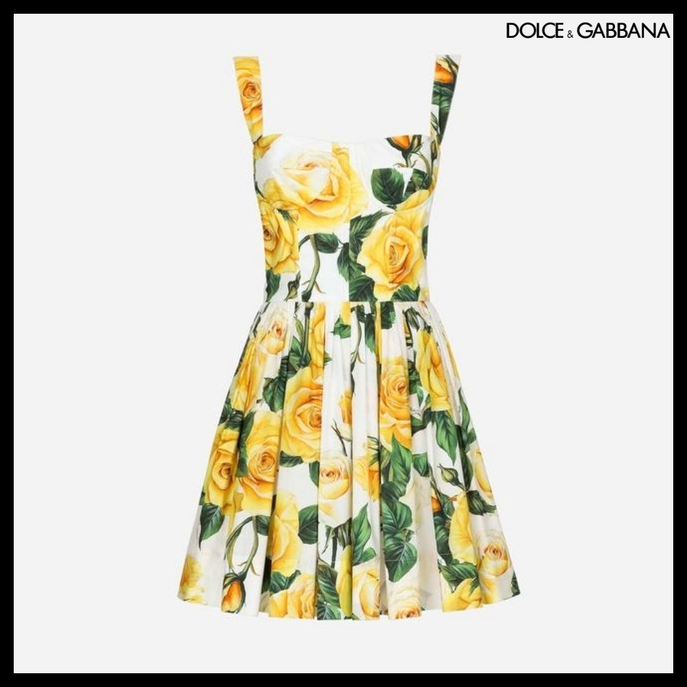 【Dolce&Gabbana】SHORT COTTON CORSET DRESS YELLOW ROSE