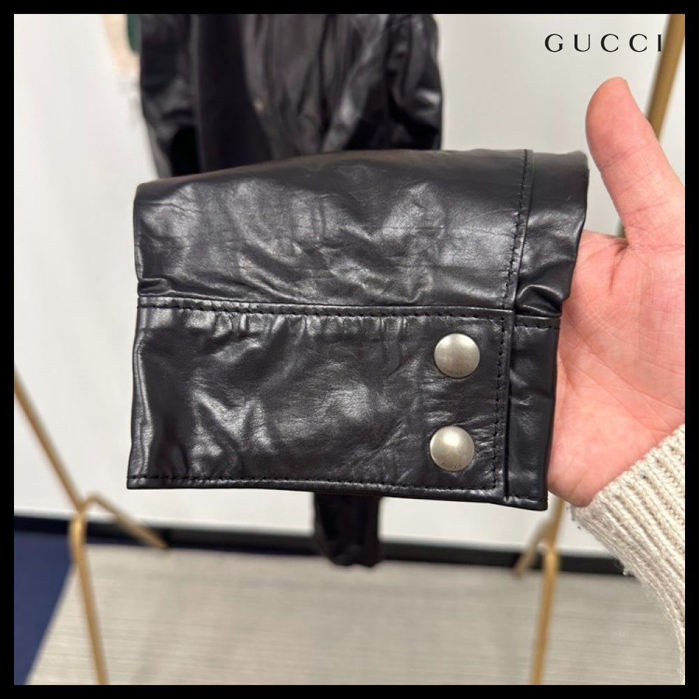 【GUCCI】Interlocking G Calf Leather Hooded Jacket Black