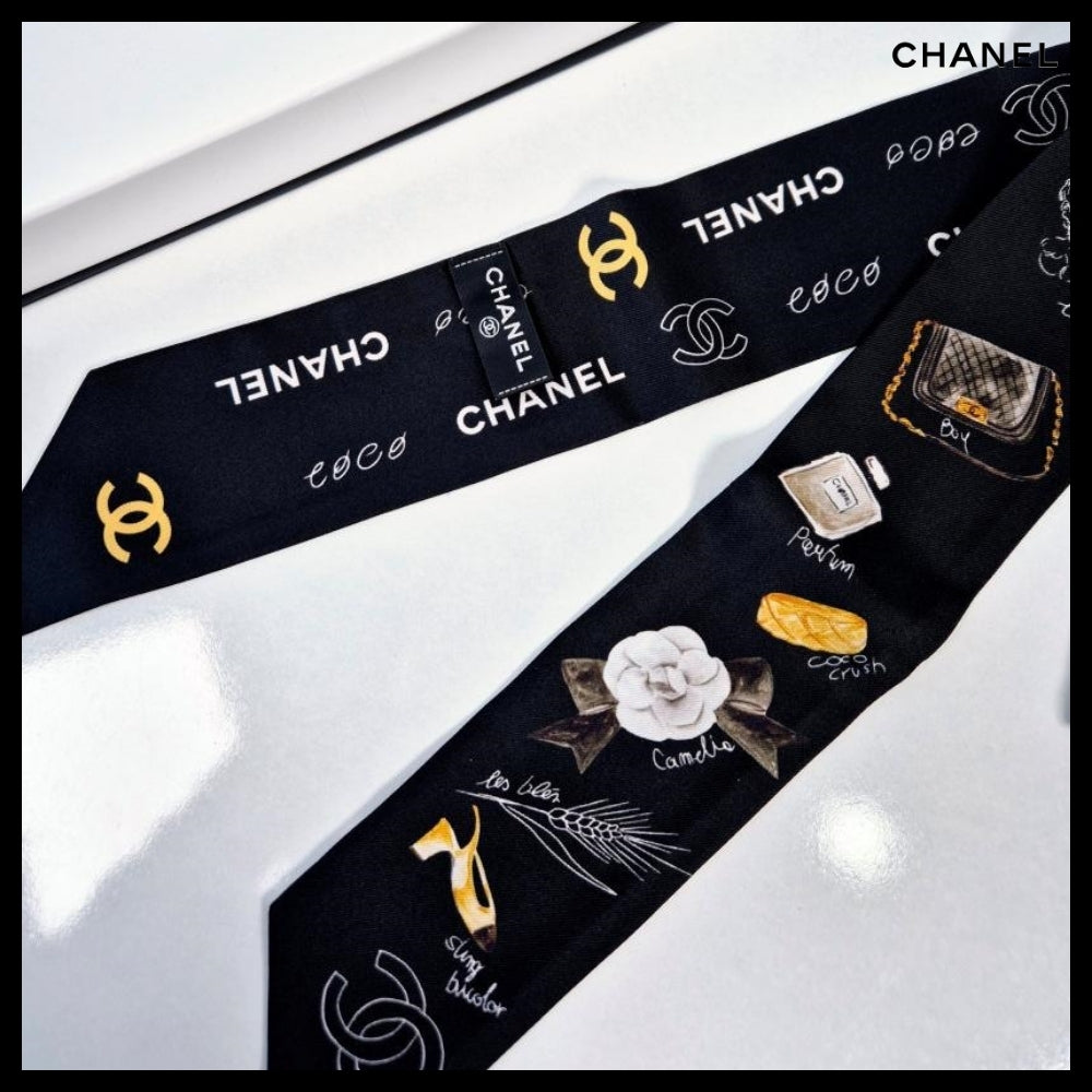 【CHANEL】24P CC Logo Signature Printed Silk Twilly Bandeau
